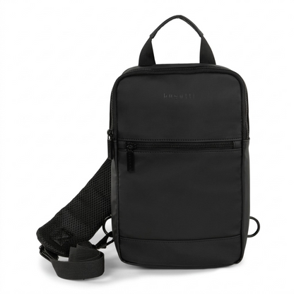 Bugatti Mile End black sling bag in matte water-resistant material with mesh strap and top handle.