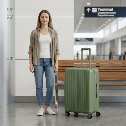Scale reference: Dark green Bugatti Birmingham 28-inch spinner suitcase shown next to a 5'6" person.