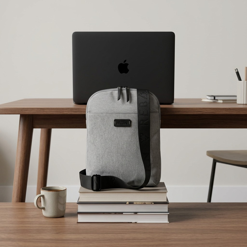 Grey Bugatti Reborn Slim Crossbody bag on books beside a laptop for scale reference on a desk.