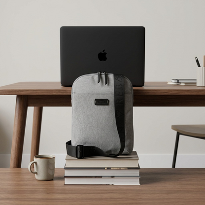 Grey Bugatti Reborn Slim Crossbody bag on books beside a laptop for scale reference on a desk.