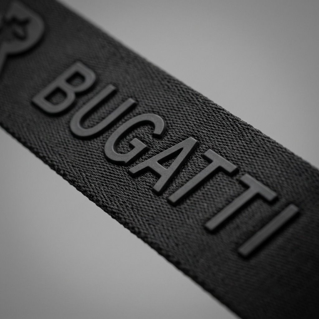 Macro close-up of the Bugatti Reborn grey crossbody bag showing embossed logo on durable RPET fabric.