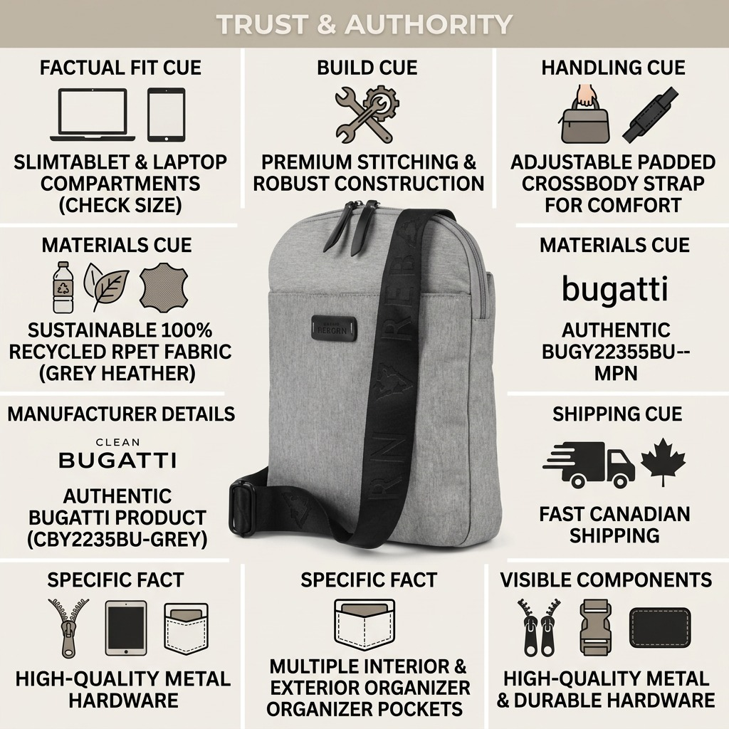 Trust infographic for Bugatti Reborn Slim Crossbody bag in grey showing recycled fabric and fast shipping.