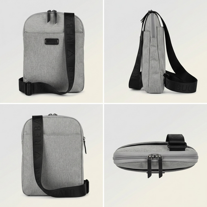 Four angles of the Bugatti Reborn grey crossbody bag showing the slim profile, strap, and zippers.