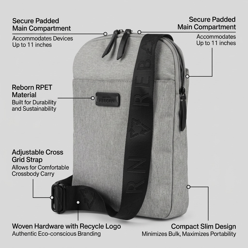 Grey Bugatti Reborn Crossbody Bag infographic highlighting recycled RPET and an 11-inch padded sleeve.