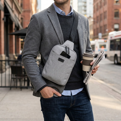 Person in grey blazer wearing a Bugatti Reborn Slim Crossbody bag in grey RPET on a city street.