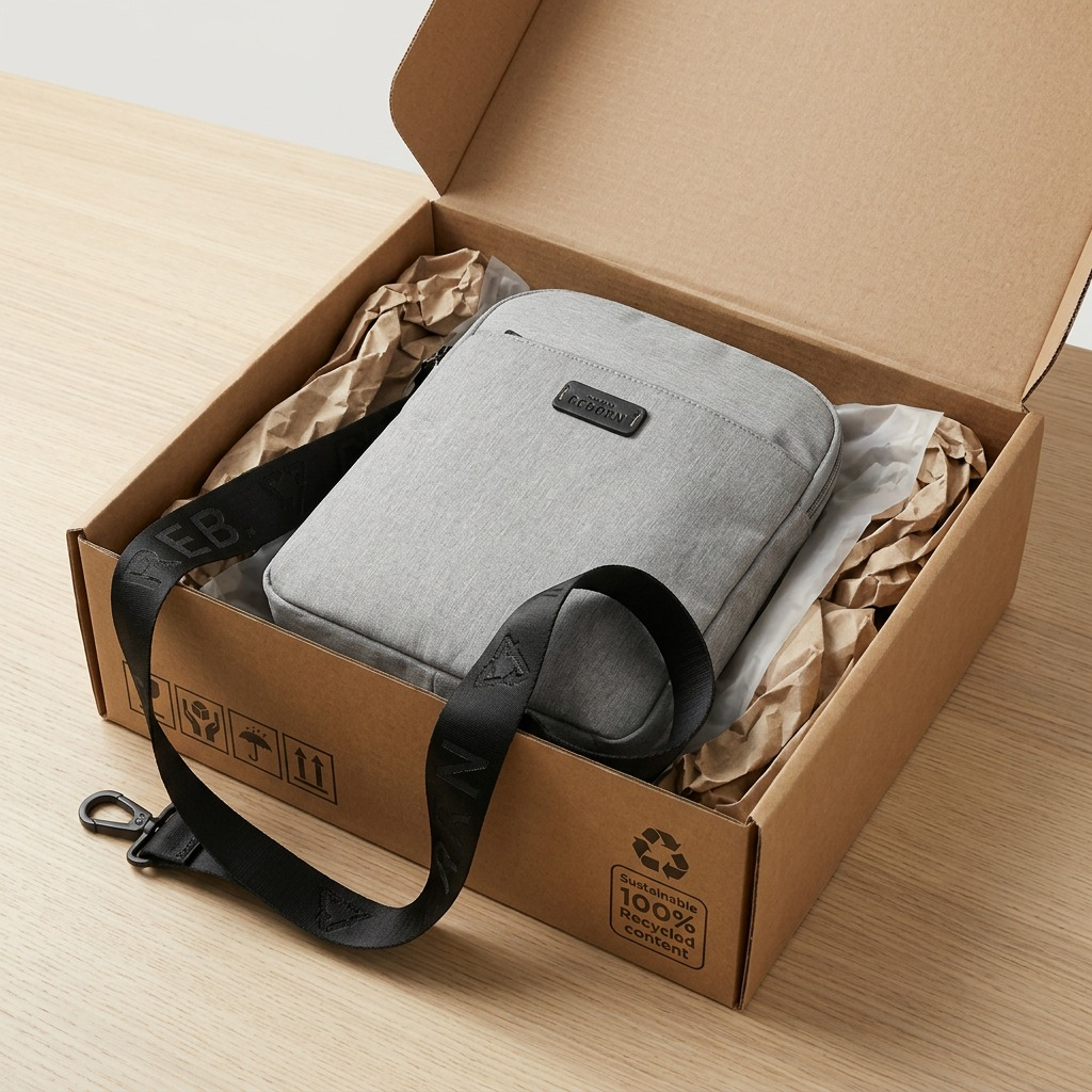 Bugatti Reborn grey crossbody bag inside a cardboard shipping box with protective paper packaging.