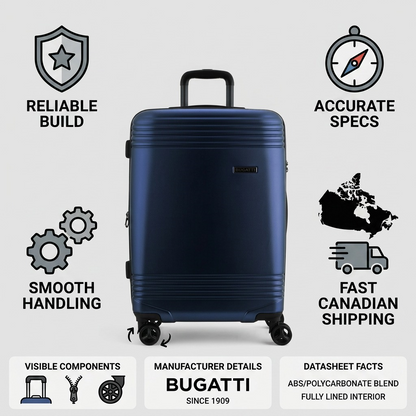 Bugatti Nashville 24-inch navy luggage infographic highlighting its reliable build and fast Canadian shipping.