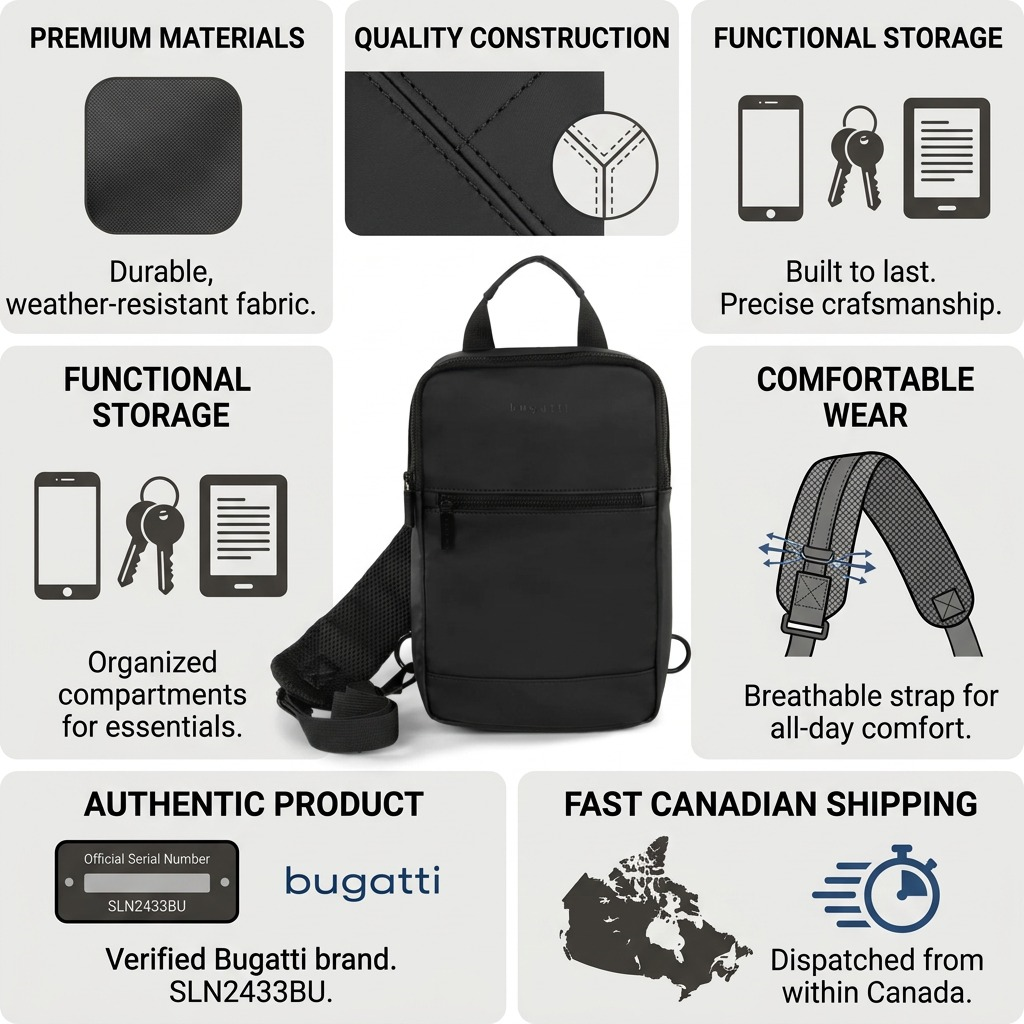 Bugatti Mile End sling bag infographic highlighting water-resistant fabric and breathable straps.