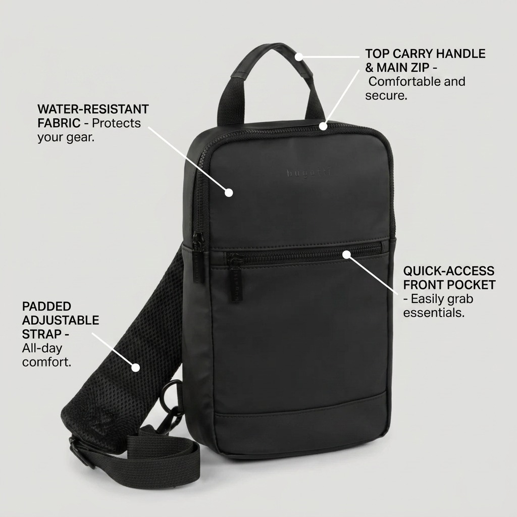 Bugatti Mile End black sling bag features callout showing water-resistant fabric and padded strap.