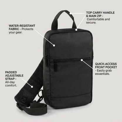 Bugatti Mile End black sling bag features callout showing water-resistant fabric and padded strap.