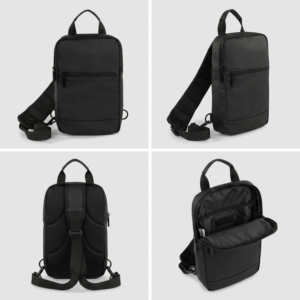 Four-view grid of the Bugatti Mile End black sling bag showing front, side, mesh back, and open main compartment.