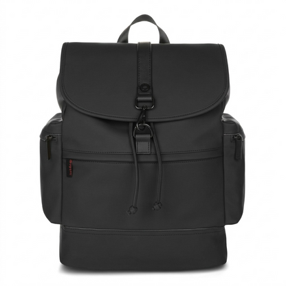 Bugatti Edition22 Core Backpack in black vegan leather featuring a top flap and drawstring closure.
