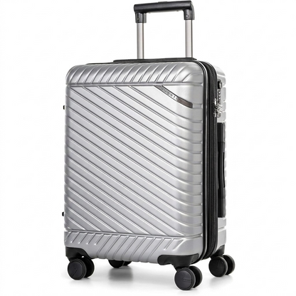 Silver Bugatti Oslo carry-on luggage with textured polycarbonate shell, telescoping handle, and spinner wheels.