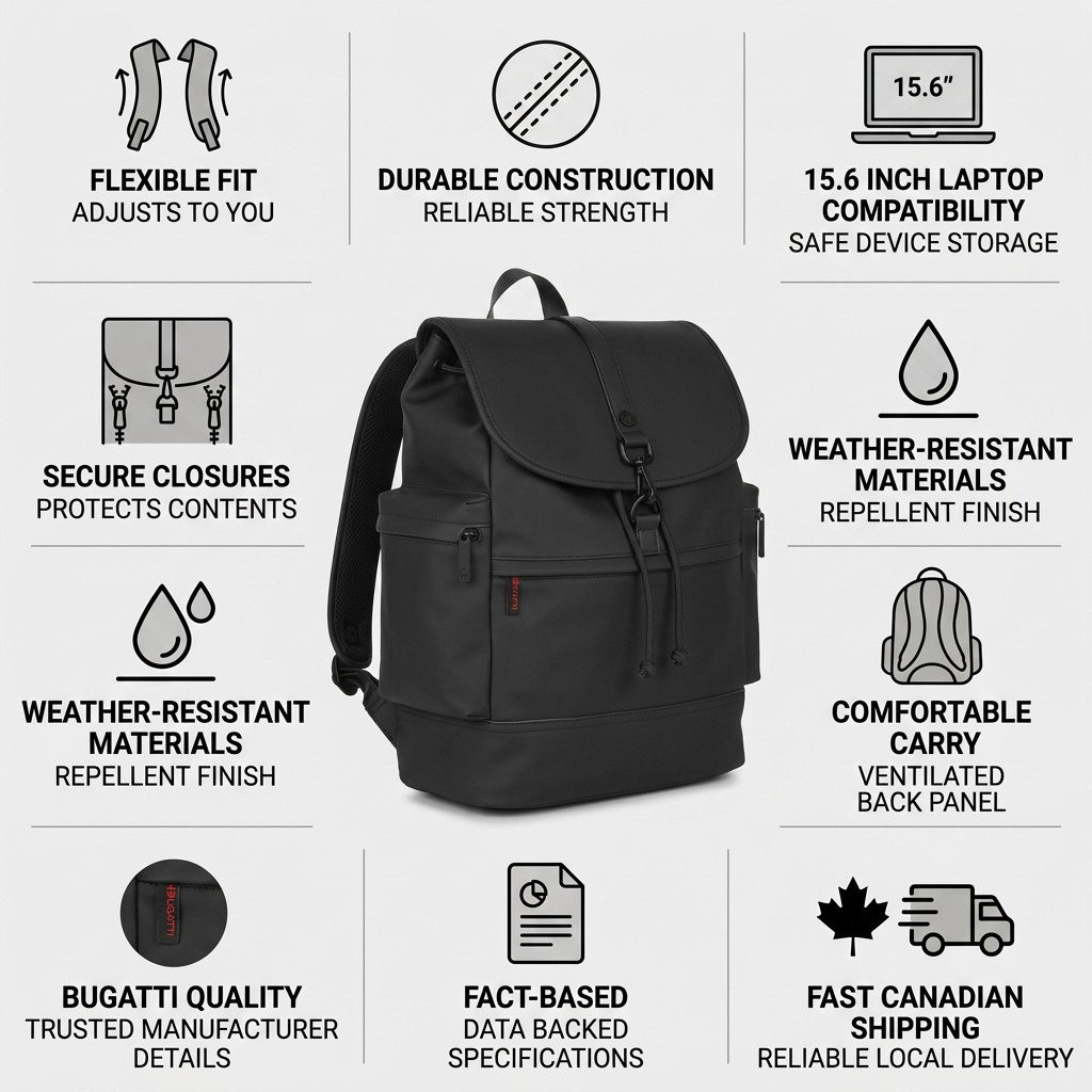 Infographic of the Bugatti Edition22 Core Backpack in black, highlighting features like 15.6 inch laptop compatibility, weather-resistant materials, and fast Canadian shipping.