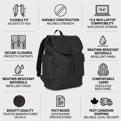 Infographic of the Bugatti Edition22 Core Backpack in black, highlighting features like 15.6 inch laptop compatibility, weather-resistant materials, and fast Canadian shipping.