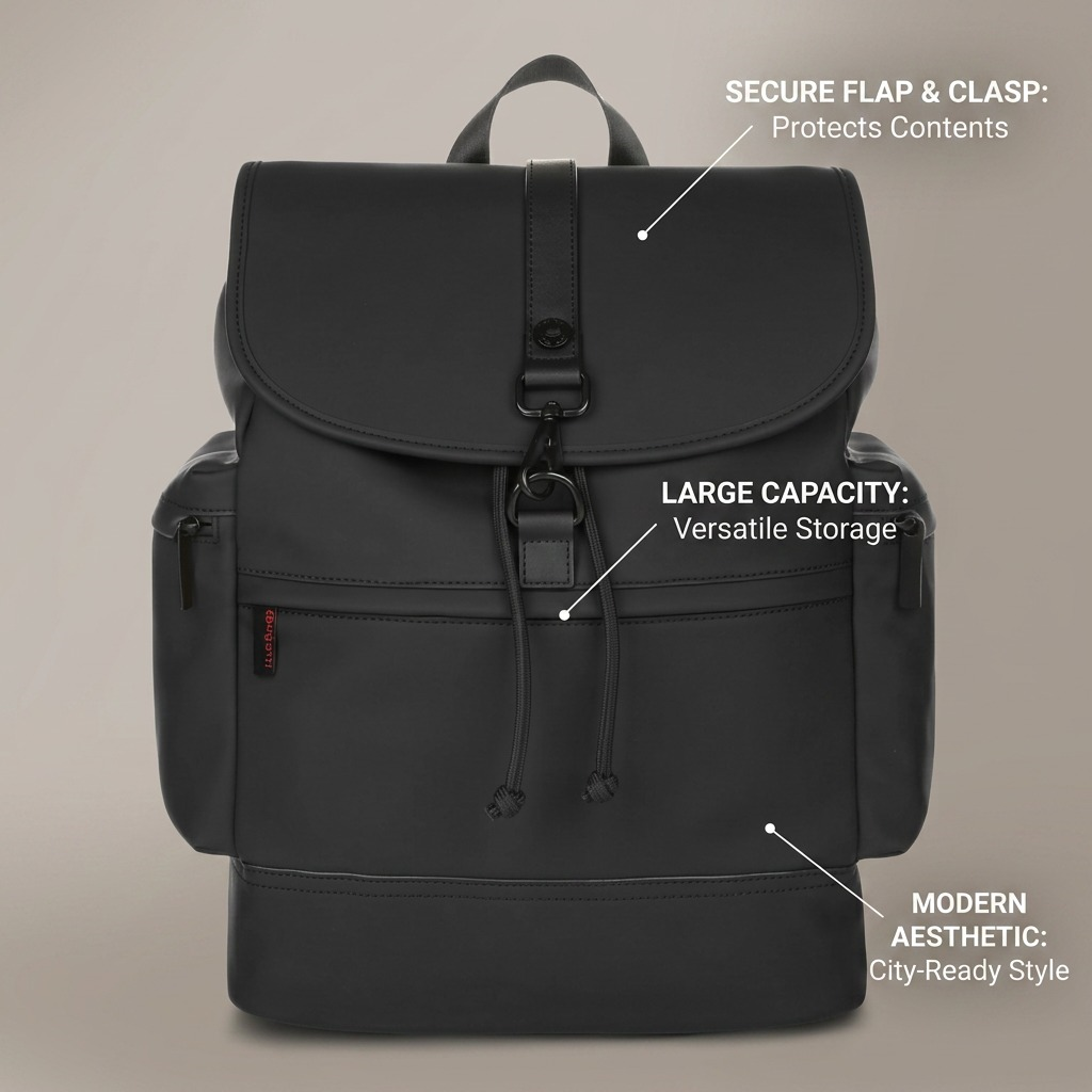 Black Bugatti Core Backpack highlighting its secure flap, large storage capacity, and modern style.