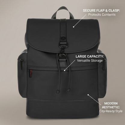 Black Bugatti Core Backpack highlighting its secure flap, large storage capacity, and modern style.