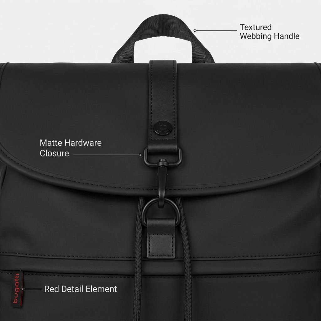 Close-up of the Bugatti Core Backpack showing the matte hardware closure and textured webbing handle.