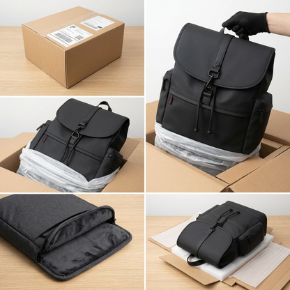 Unboxing the Bugatti Edition22 Core Backpack from a secure cardboard box with protective padding.