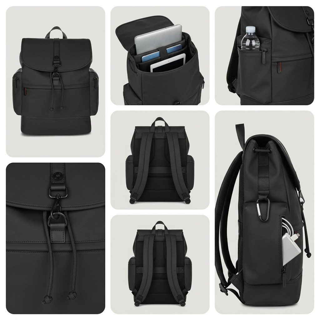 Grid showing the Bugatti Edition22 Core Backpack in black from front, back, side, and interior views.