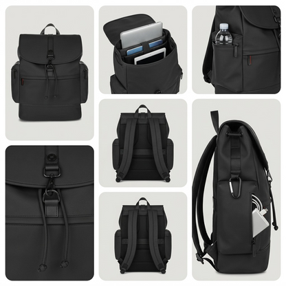 Grid showing the Bugatti Edition22 Core Backpack in black from front, back, side, and interior views.