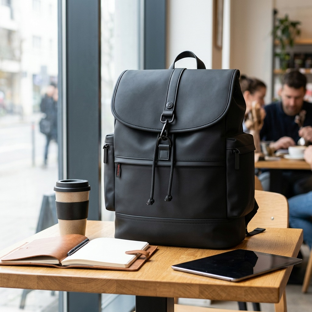 Black Bugatti Edition22 Core Backpack in vegan leather on a cafe table with a tablet and notebook.
