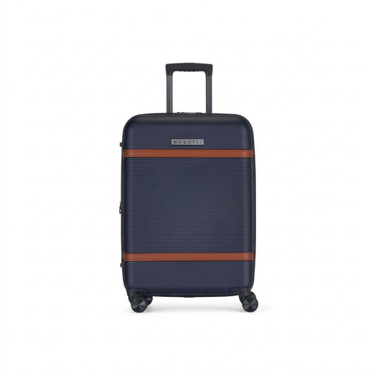 Bugatti Wellington 24-inch navy hardshell checked luggage with brown trim and spinner wheels.