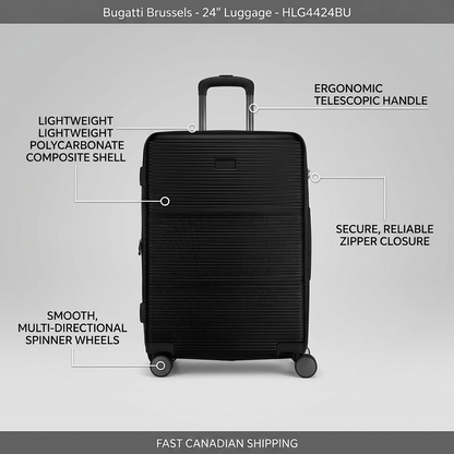 Bugatti Brussels 24-inch luggage features: polycarbonate shell, telescopic handle, and spinner wheels.