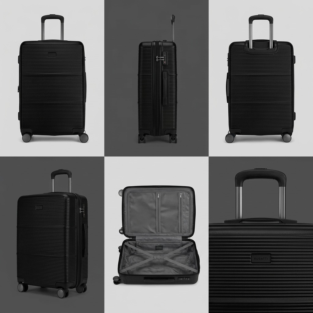 Grid of six views for the Bugatti Brussels 24-inch black luggage including front, side, and open interior.