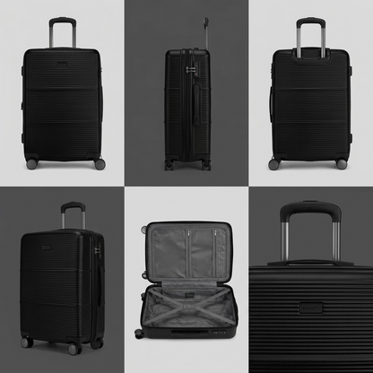 Grid of six views for the Bugatti Brussels 24-inch black luggage including front, side, and open interior.