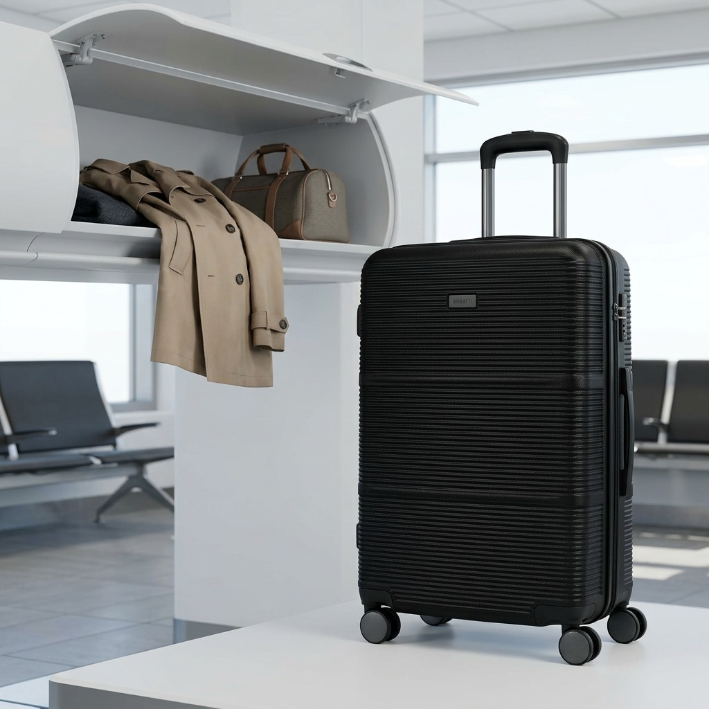 Black Bugatti Brussels 24-inch luggage standing next to an overhead bin for scale in an airport.