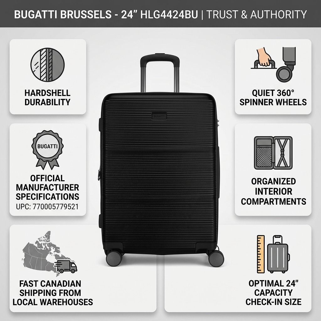 Infographic for Bugatti Brussels 24-inch luggage highlighting hardshell durability and spinner wheels.