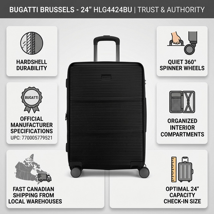 Infographic for Bugatti Brussels 24-inch luggage highlighting hardshell durability and spinner wheels.