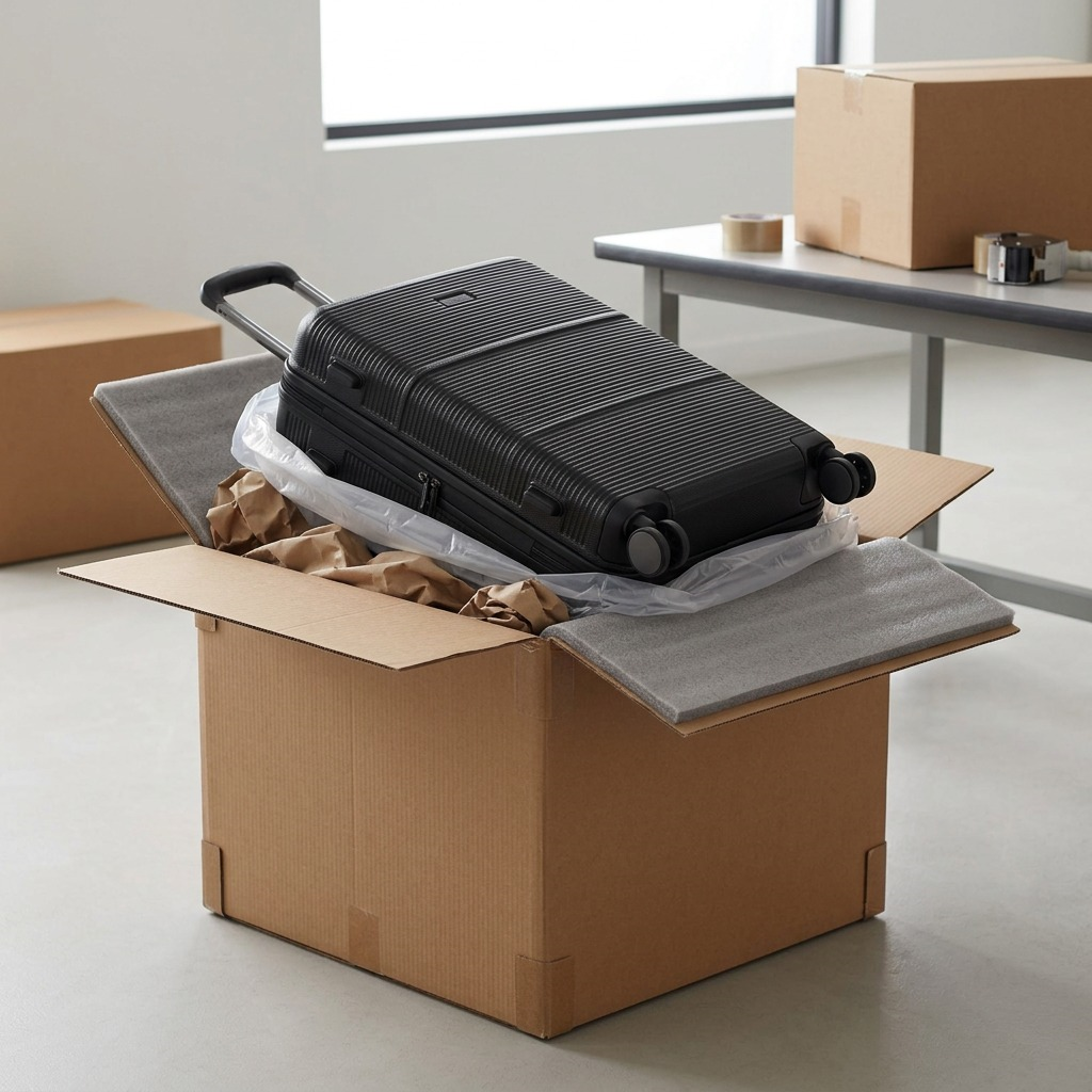 Black Bugatti Brussels 24-inch luggage in a shipping box with protective foam and paper packaging.