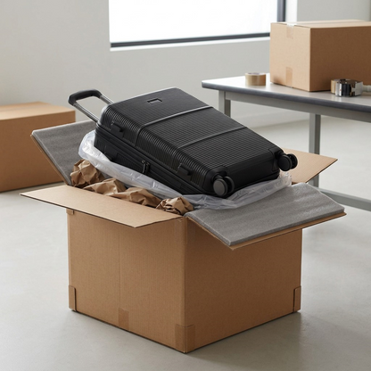Black Bugatti Brussels 24-inch luggage in a shipping box with protective foam and paper packaging.