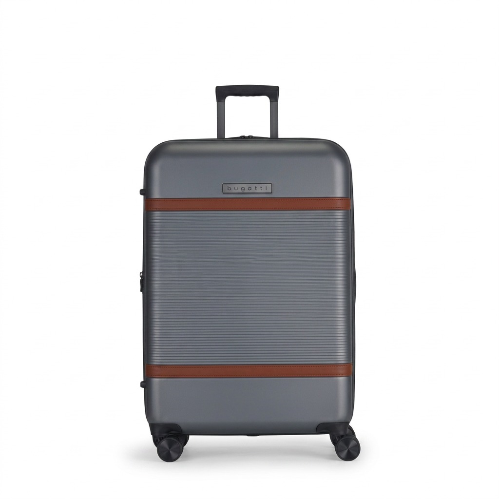 Bugatti Wellington 24-inch hardside pewter luggage with vegan leather trim and telescopic handle.