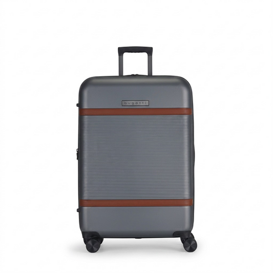 Bugatti Wellington 24-inch hardside pewter luggage with vegan leather trim and telescopic handle.