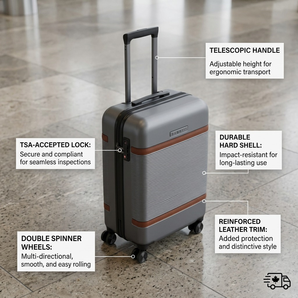 Bugatti Wellington 24-inch hardside luggage in pewter highlighting spinner wheels and TSA lock.