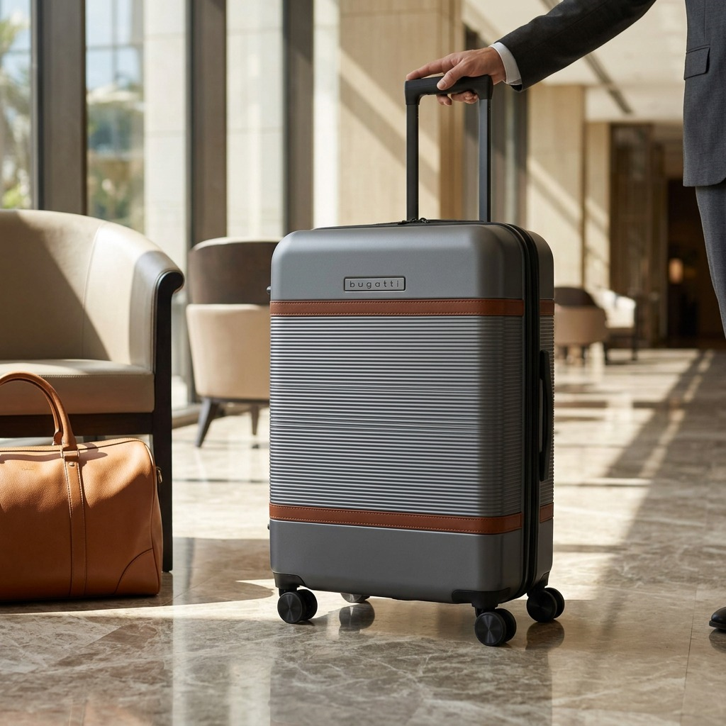 Bugatti Wellington 24" hardside suitcase in pewter with vegan leather trim in a bright hotel lobby.