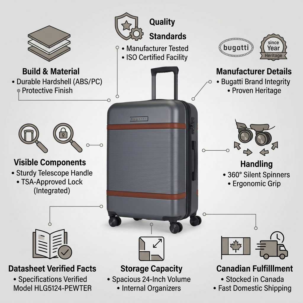 Infographic for Bugatti Wellington 24-inch hardside luggage highlighting its ABS build, TSA lock, and spinner wheels.