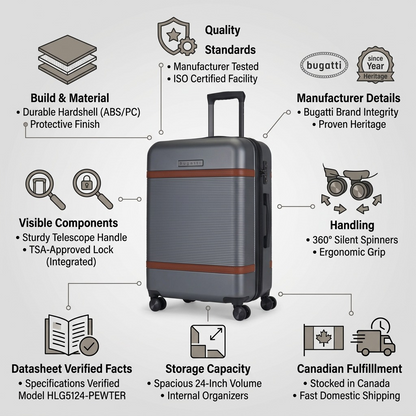 Infographic for Bugatti Wellington 24-inch hardside luggage highlighting its ABS build, TSA lock, and spinner wheels.