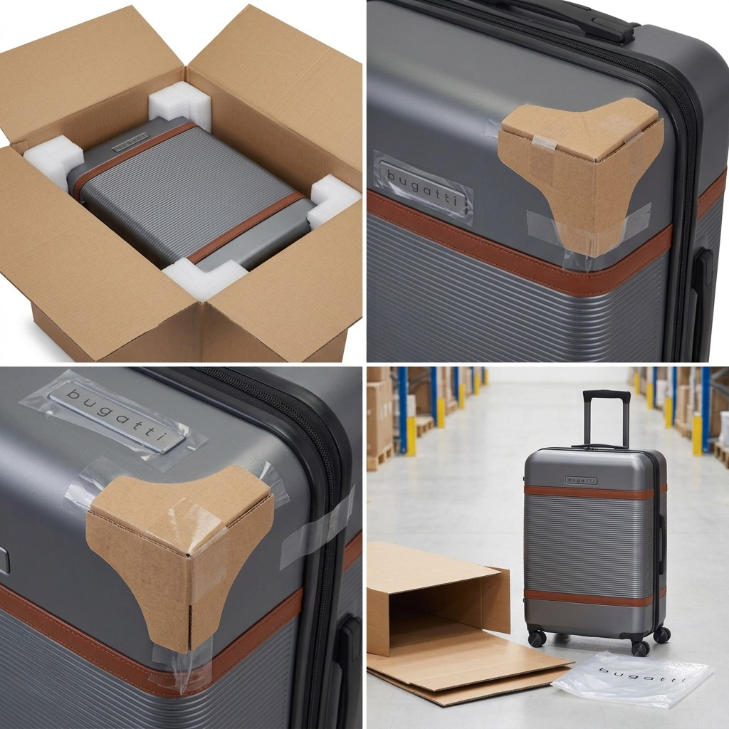 Bugatti Wellington 24 inch pewter luggage in a shipping box with foam and corner protectors.