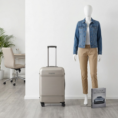 Bugatti Wellington 24 inch hardside luggage in pewter standing next to a mannequin for scale.