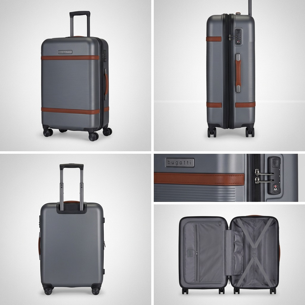 Grid showing the Bugatti Wellington 24 inch luggage in pewter from front, side, back, and open angles.