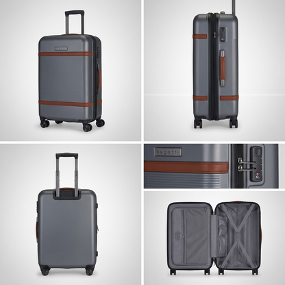 Grid showing the Bugatti Wellington 24 inch luggage in pewter from front, side, back, and open angles.