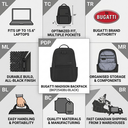 Infographic for Bugatti Madison Backpack BKP2540BU details: fits 15.6" laptops with fast Canadian shipping.