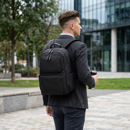 A professional in a charcoal suit wears the black Bugatti Madison Backpack while commuting.