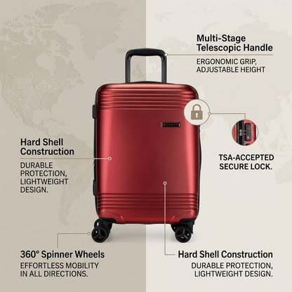 Red Bugatti Nashville carry-on highlighting its telescopic handle, TSA lock, and 360° spinner wheels.