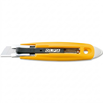 Olfa SK-9 semi-auto self-retracting safety knife with yellow handle, metal box pick, and blade.