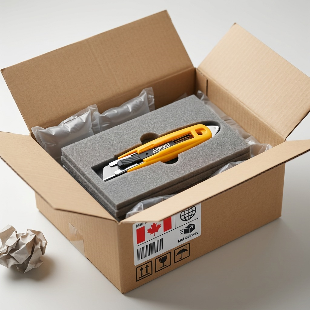 Yellow Olfa SK-9 safety knife securely packed in a shipping box with foam and air pillows.